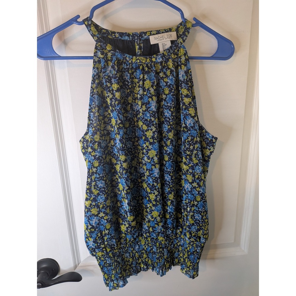 Rachel Zoe Blue Yellow Floral Halter Blouse Metallic Stripe Smocked Hem Small